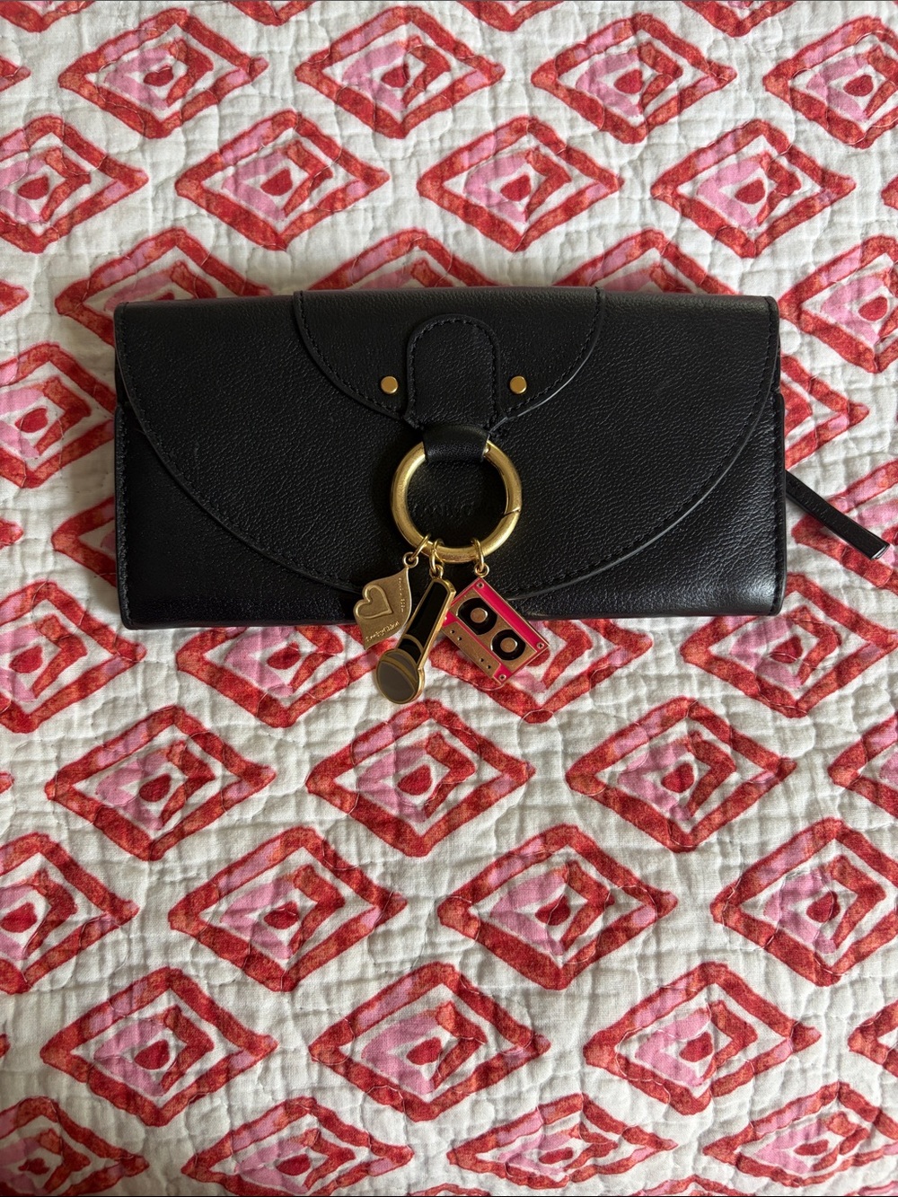 See  y Chloe Black Leather Envelope Clutch with Gold Ring & Charms